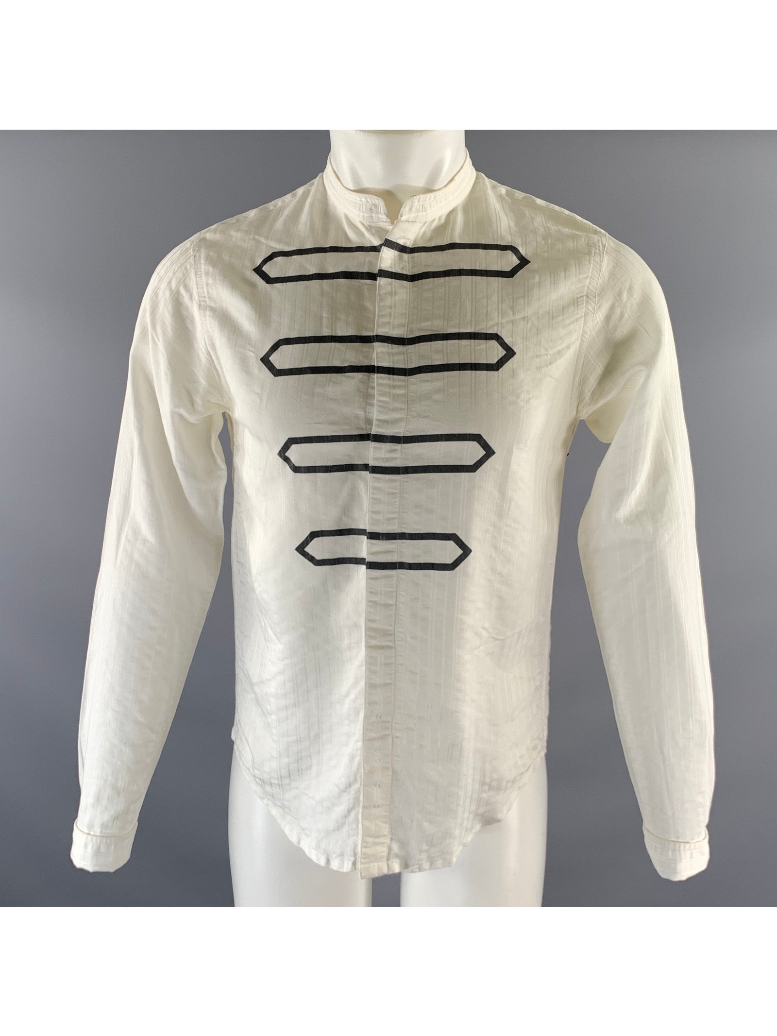 Emporio Armani Size S White Black Geometric Cotton Blend Long Sleeve Shirt